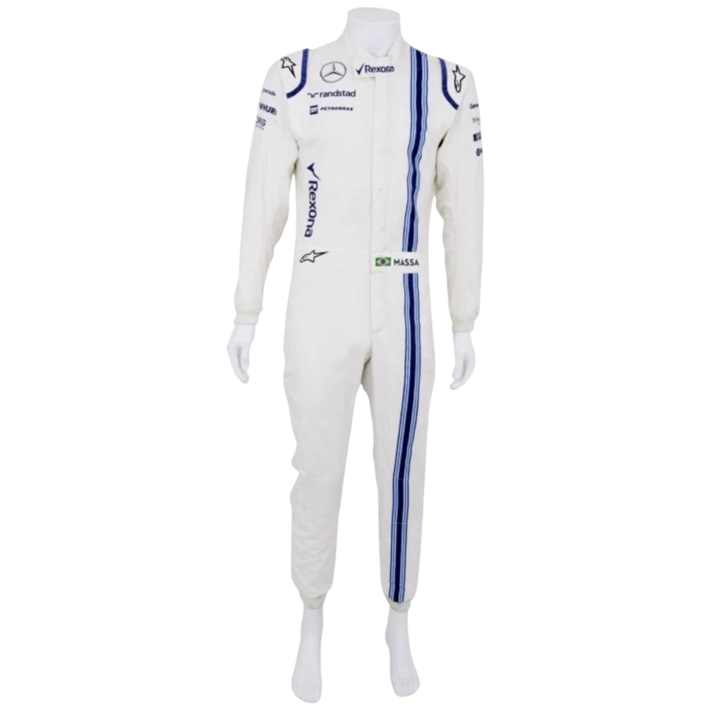 Felipe Massa 2015 Williams F1 race suit in white with blue accents and Martini racing stripes featuring sponsor logos