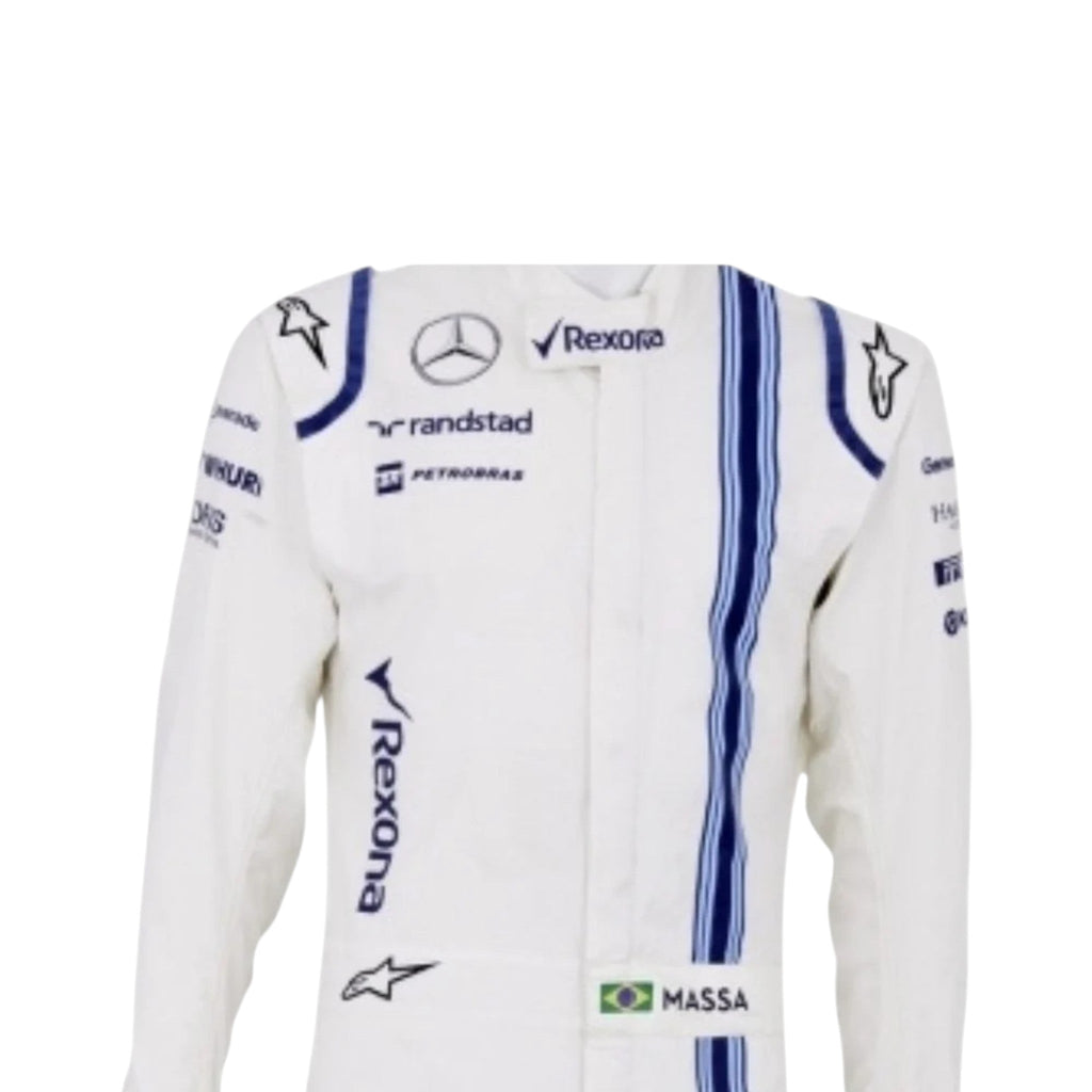 Felipe Massa 2015 Williams F1 race suit in white with blue accents and Martini racing stripes featuring sponsor logos