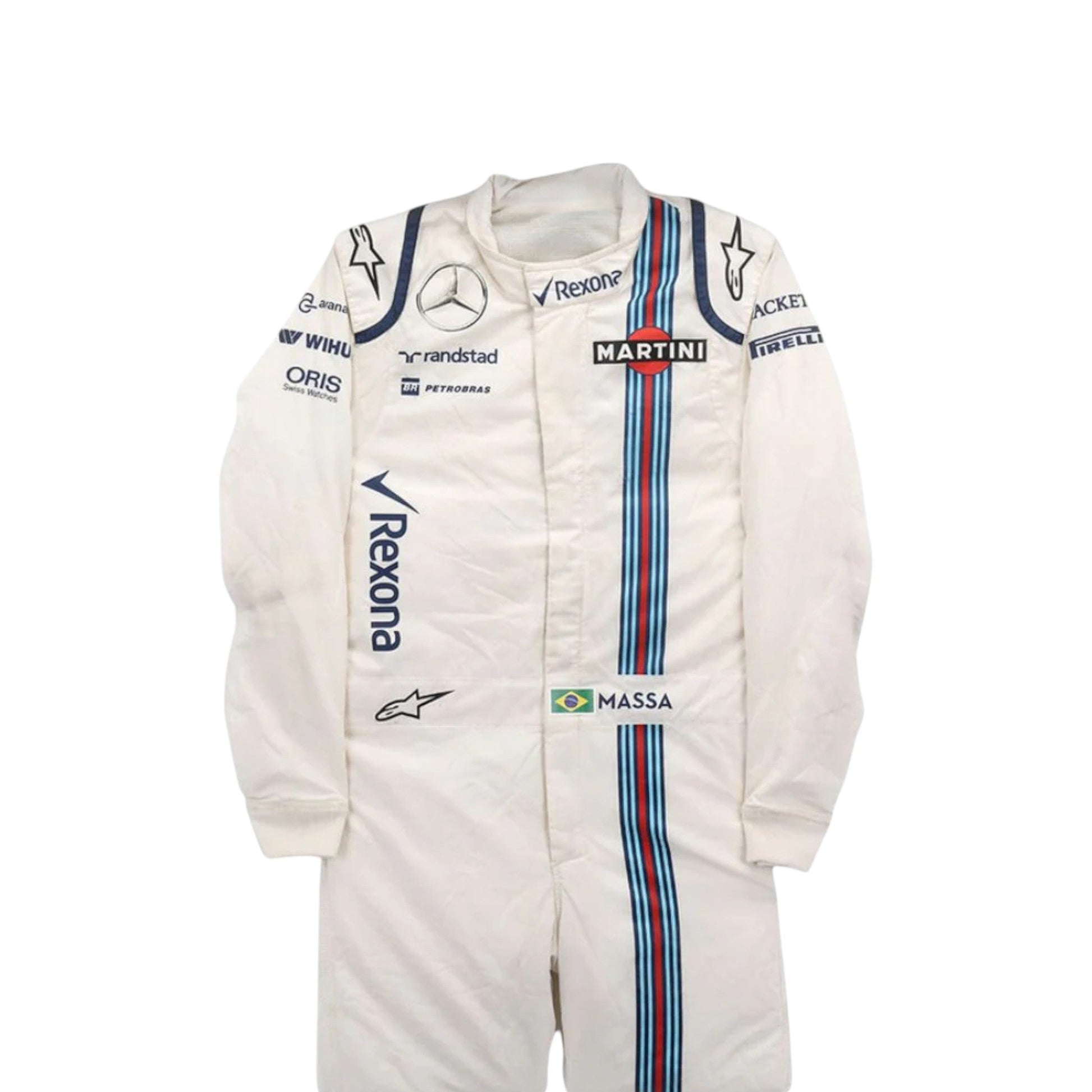 Felipe Massa 2016 Williams F1 race suit in white with navy blue accents and Martini racing stripes featuring sponsor logos