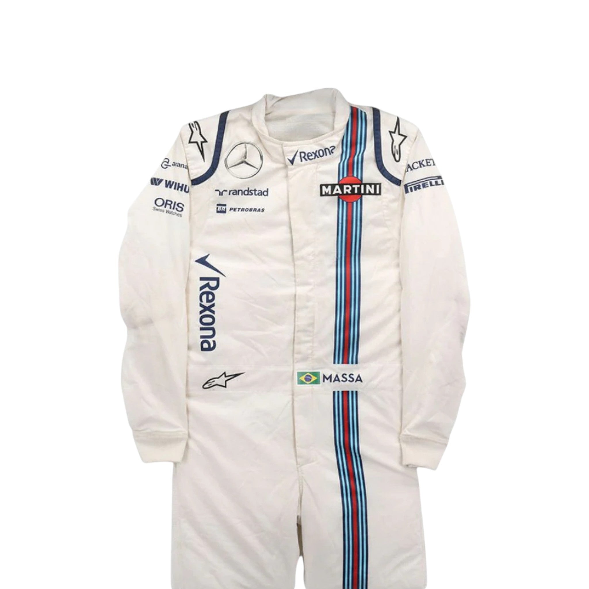 Felipe Massa 2016 Williams F1 race suit in white with navy blue accents and Martini racing stripes featuring sponsor logos