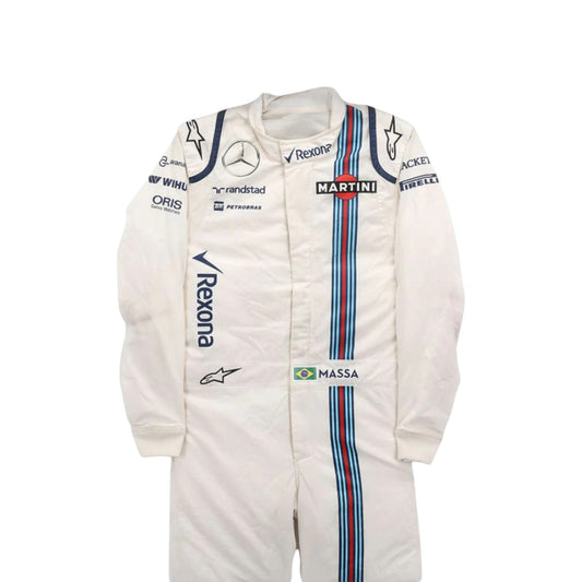 Felipe Massa 2016 Williams F1 race suit in white with navy blue accents and Martini racing stripes featuring sponsor logos