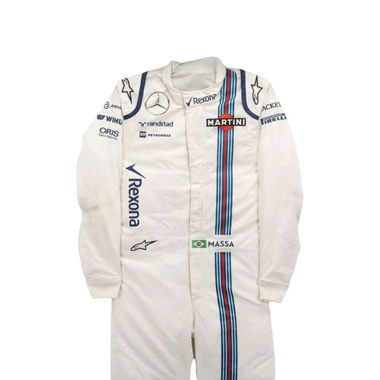 Felipe Massa 2016 Williams F1 race suit in white with navy blue accents and Martini racing stripes featuring sponsor logos