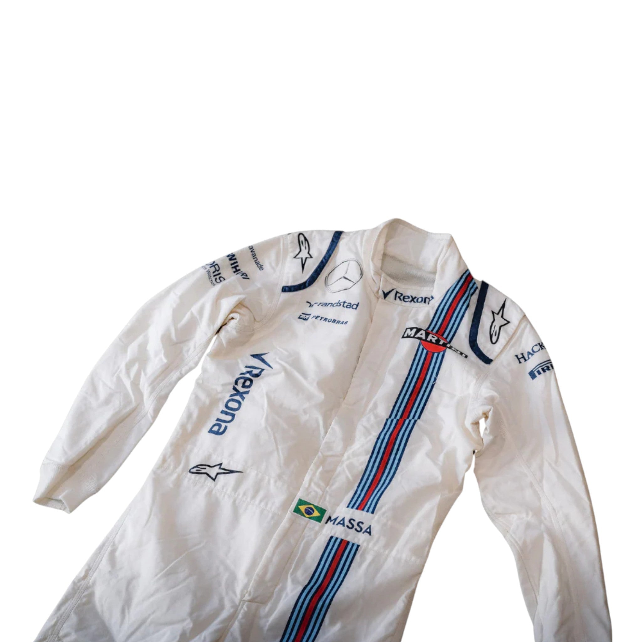 Felipe Massa 2017 Williams F1 race suit in white with navy blue accents and Martini racing stripes featuring sponsor logos