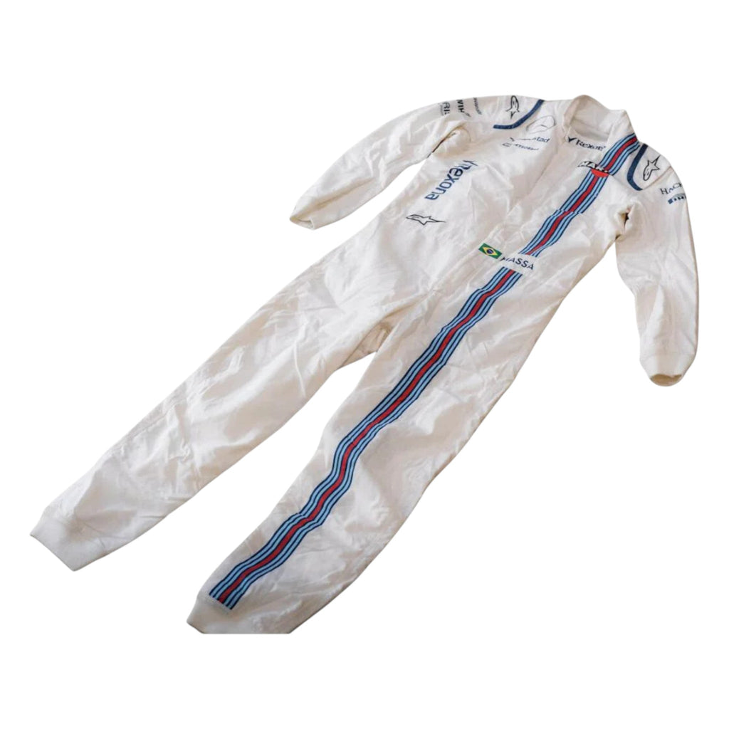 Felipe Massa 2017 Williams F1 race suit in white with navy blue accents and Martini racing stripes featuring sponsor logos