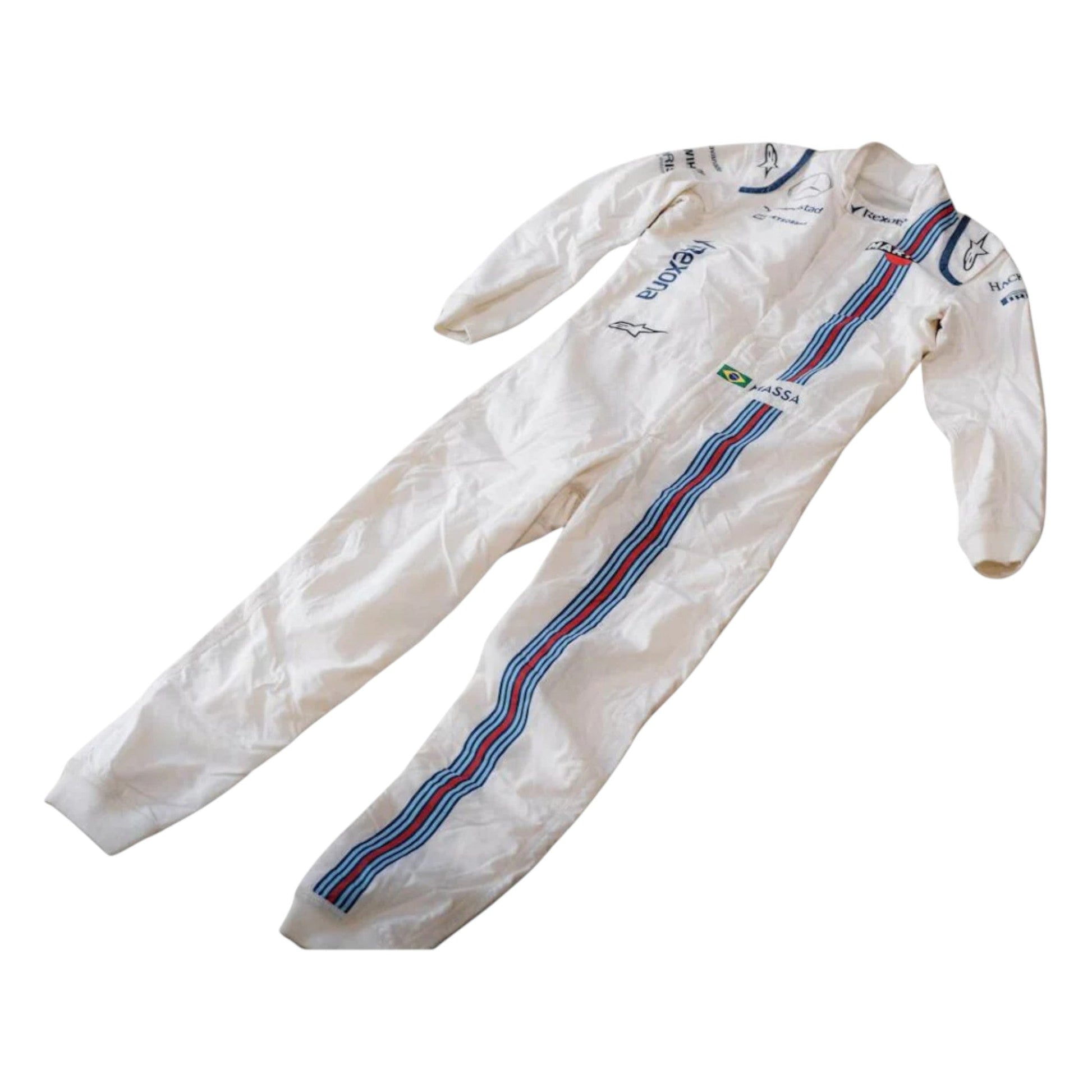 Felipe Massa 2017 Williams F1 race suit in white with navy blue accents and Martini racing stripes featuring sponsor logos