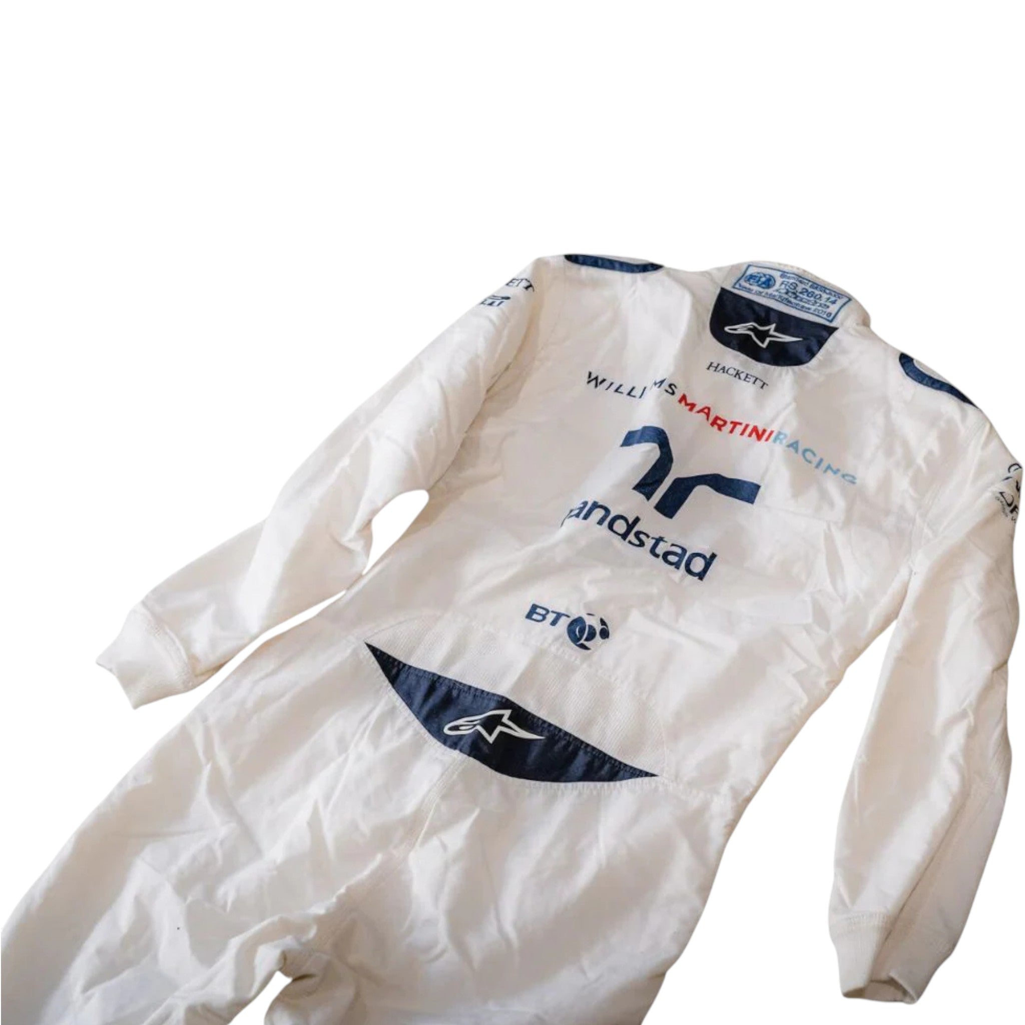 Felipe Massa 2017 Williams F1 race suit in white with navy blue accents and Martini racing stripes featuring sponsor logos
