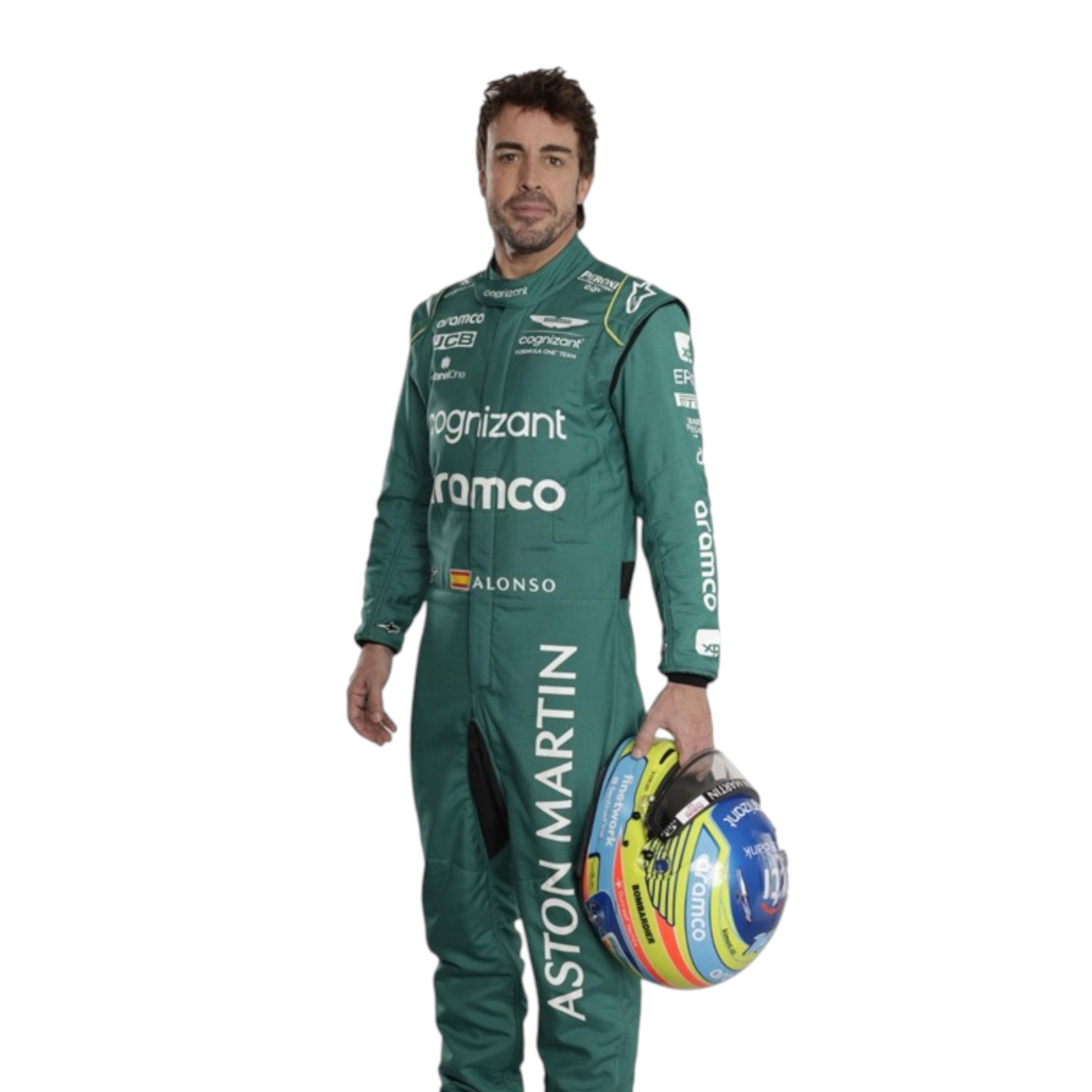 Fernando Alonso 2023 Aston Martin F1 race suit in green with black accents and sponsor branding