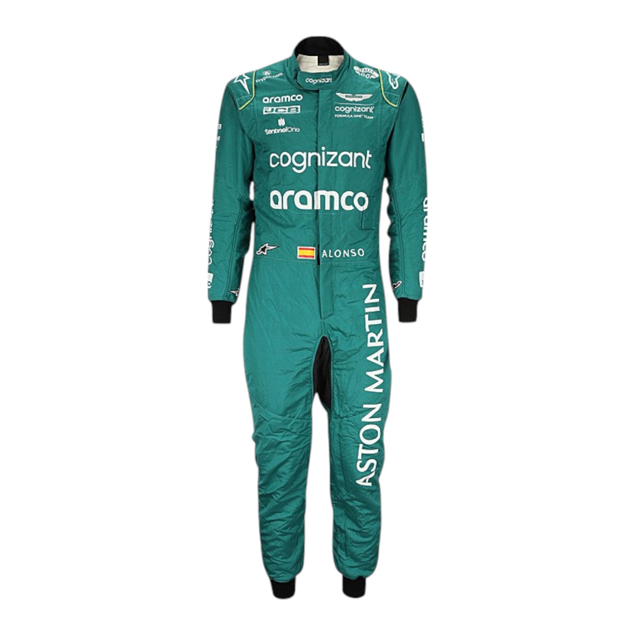 Fernando Alonso 2023 Aston Martin F1 race suit in green with black accents and sponsor branding
