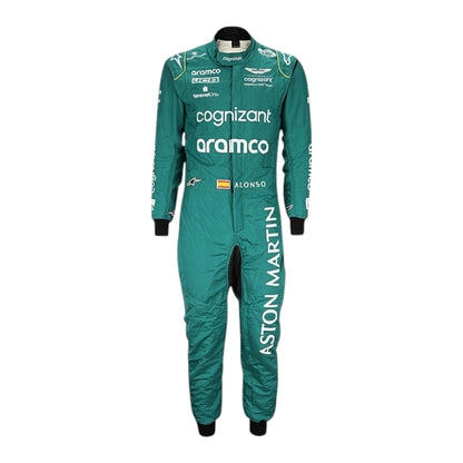 Fernando Alonso 2023 Aston Martin F1 race suit in green with black accents and sponsor branding