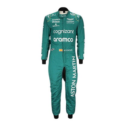 Fernando Alonso 2023 Aston Martin F1 race suit in green with black accents and sponsor branding