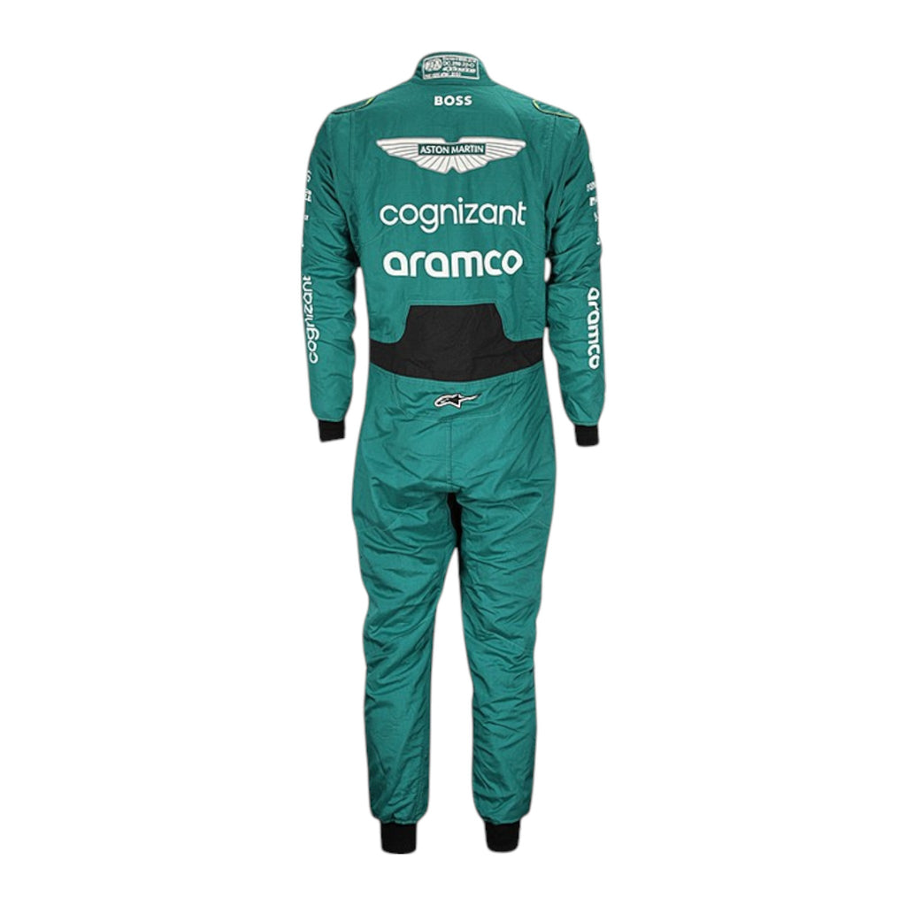 Fernando Alonso 2023 Aston Martin F1 race suit in green with black accents and sponsor branding