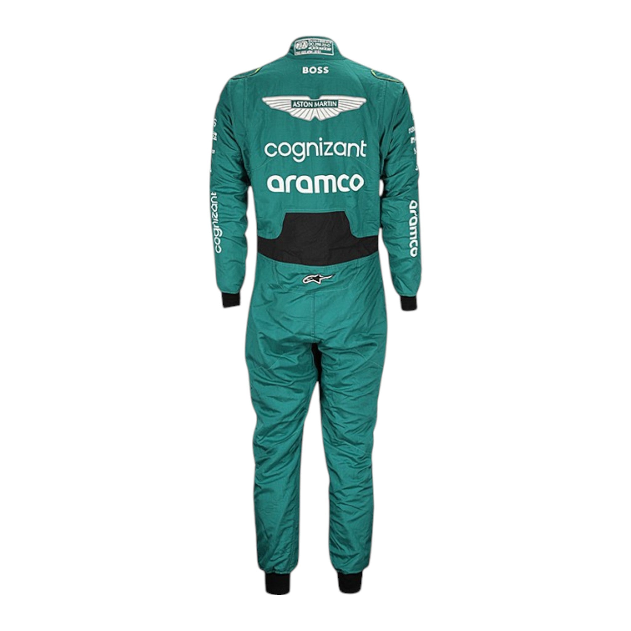 Fernando Alonso 2023 Aston Martin F1 race suit in green with black accents and sponsor branding