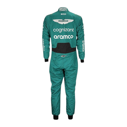Fernando Alonso 2023 Aston Martin F1 race suit in green with black accents and sponsor branding