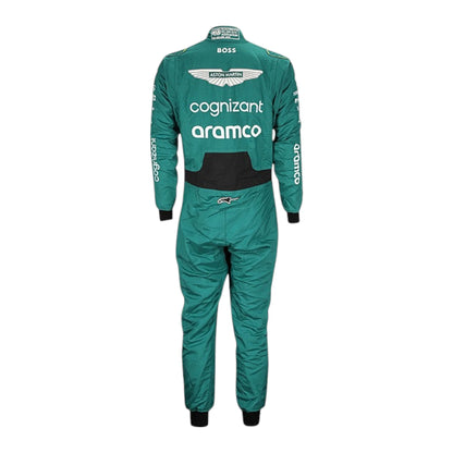 Fernando Alonso 2023 Aston Martin F1 race suit in green with black accents and sponsor branding