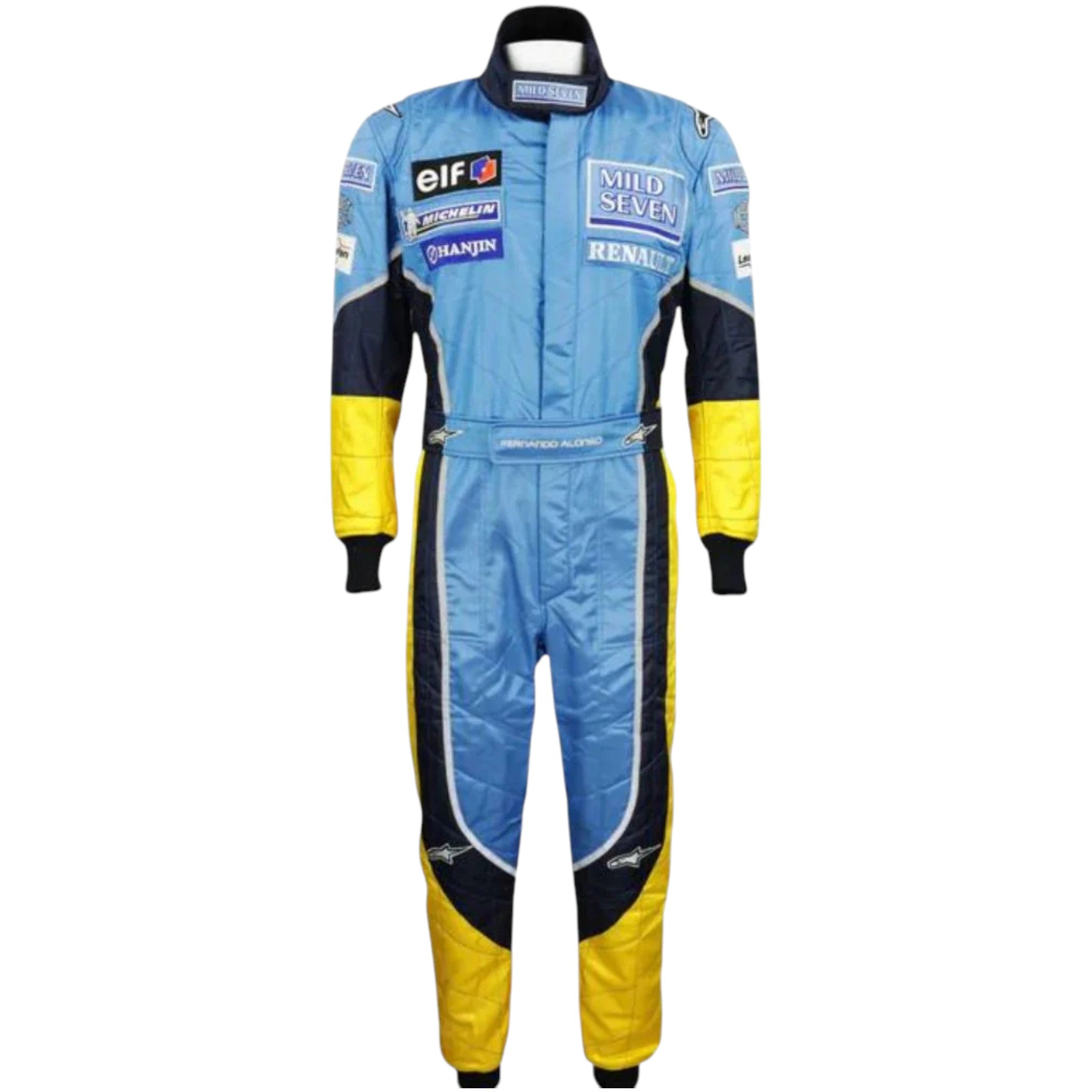 Fernando Alonso 2003 Renault F1 race suit in blue and yellow design with Mild Seven Renault team branding