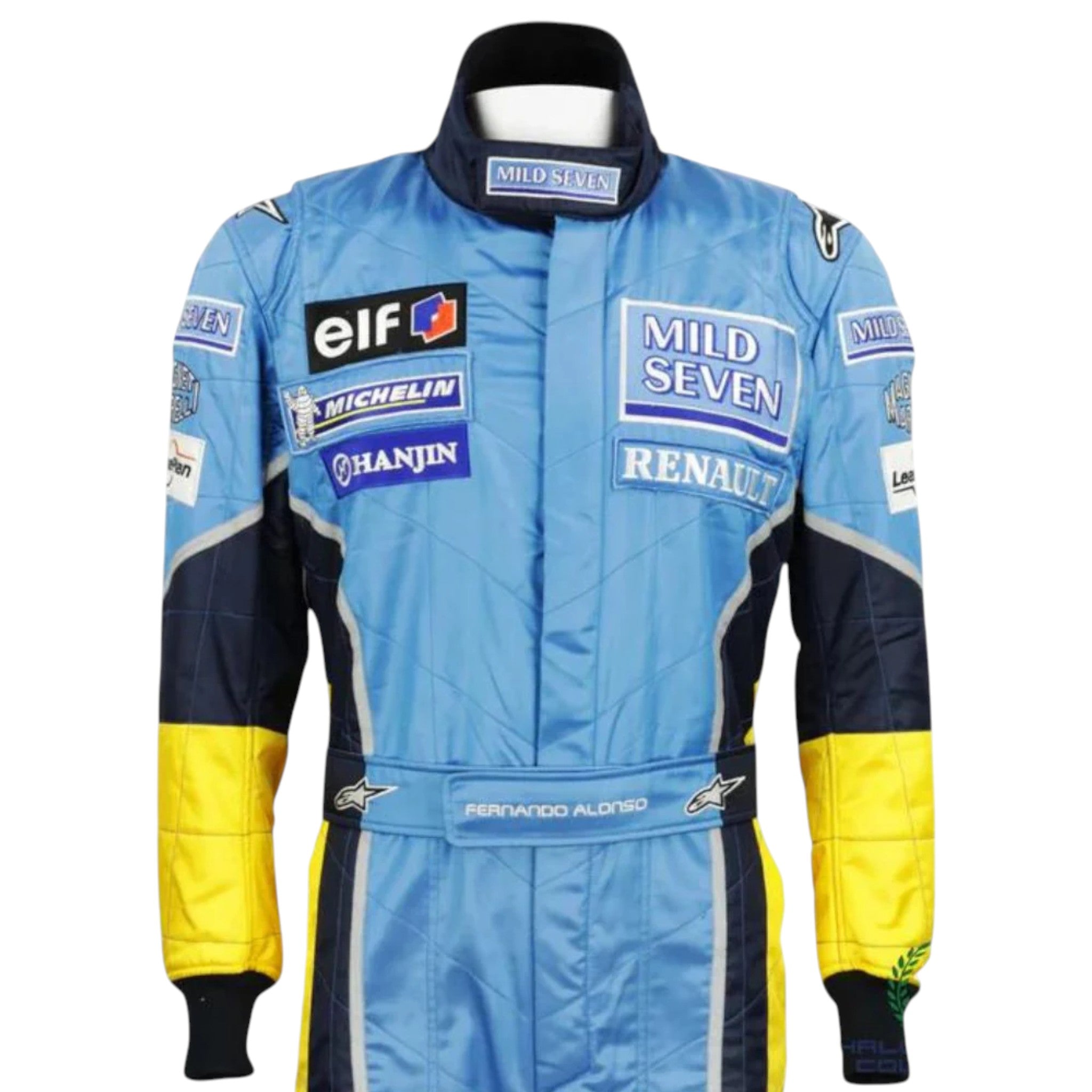 Fernando Alonso 2003 Renault F1 race suit in blue and yellow design with Mild Seven Renault team branding