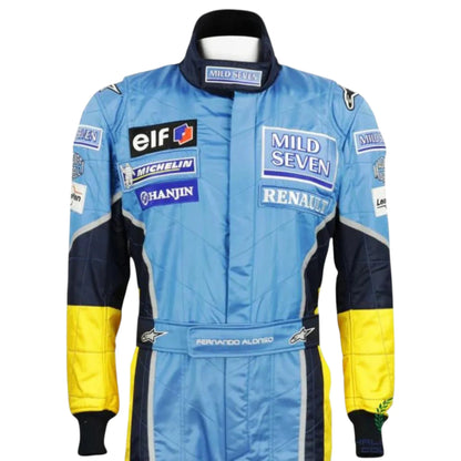 Fernando Alonso 2003 Renault F1 race suit in blue and yellow design with Mild Seven Renault team branding