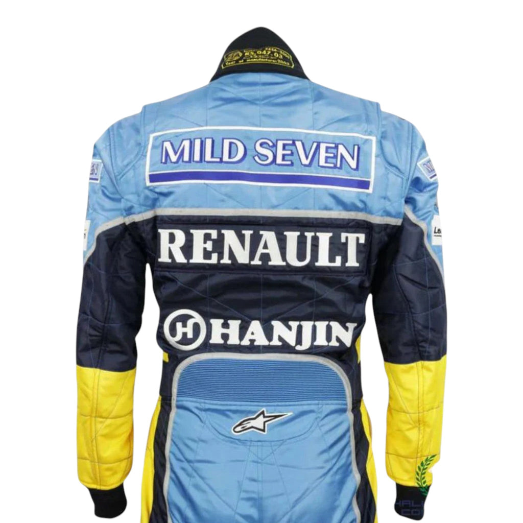 Fernando Alonso 2003 Renault F1 race suit in blue and yellow design with Mild Seven Renault team branding