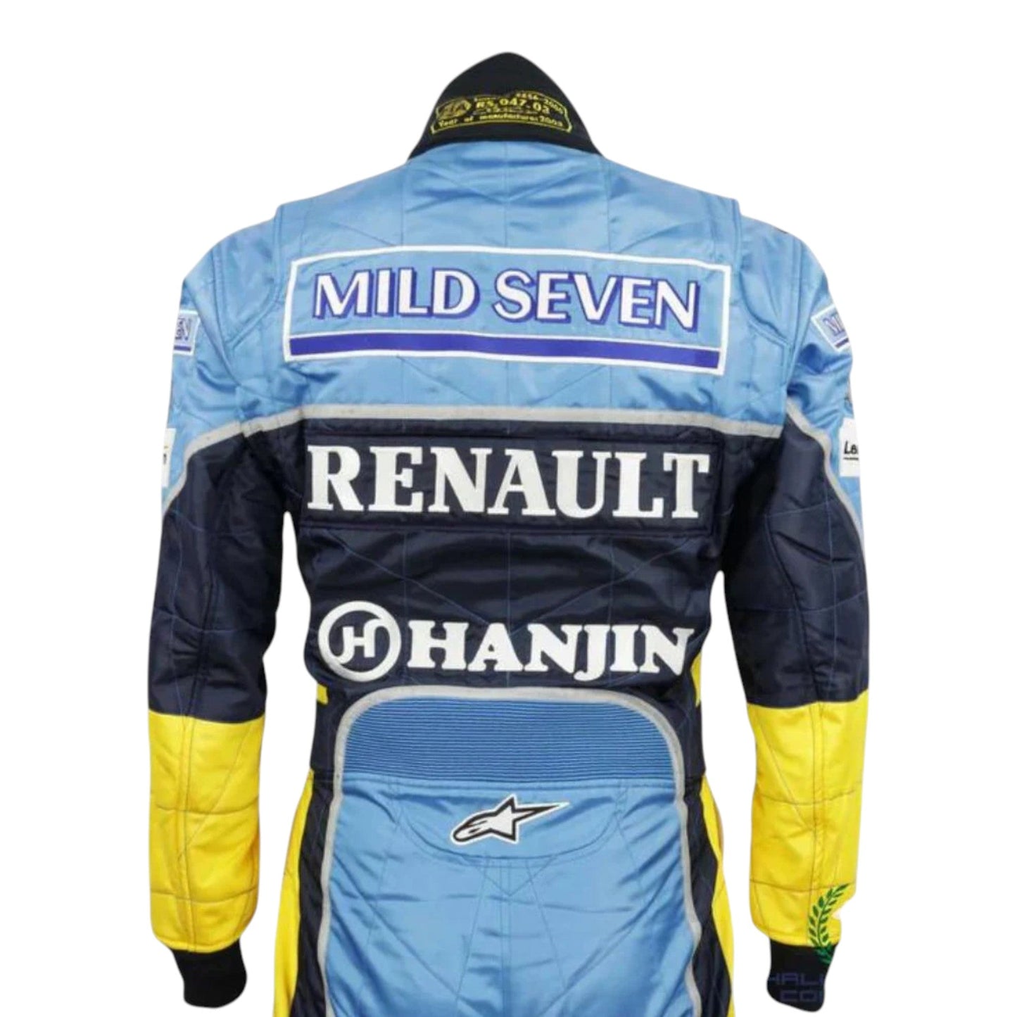 Fernando Alonso 2003 Renault F1 race suit in blue and yellow design with Mild Seven Renault team branding