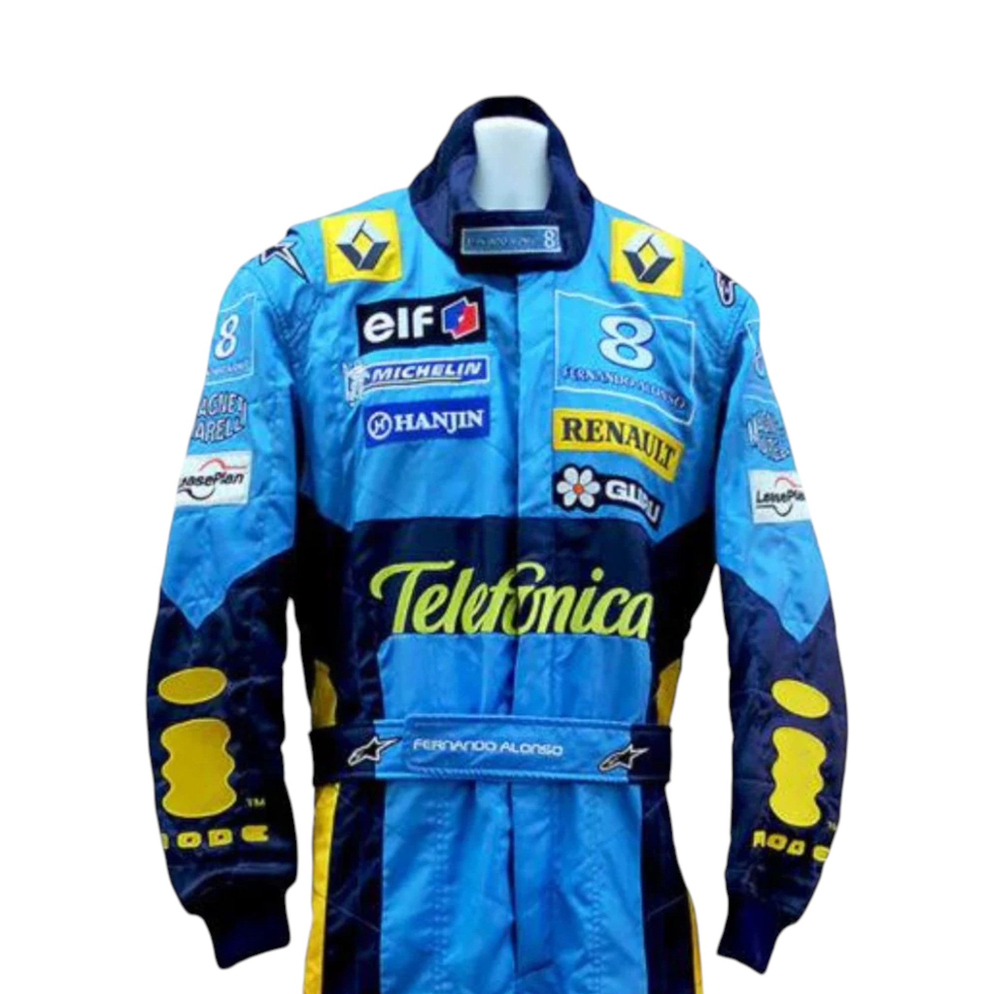 Fernando Alonso 2004 Renault F1 race suit in blue and yellow design with Mild Seven Renault team logos