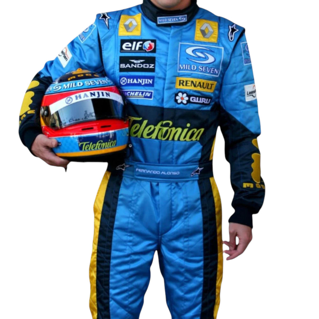 Fernando Alonso 2005 Renault F1 race suit in blue with yellow accents and sponsor logos