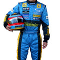 Fernando Alonso 2005 Renault F1 race suit in blue with yellow accents and sponsor logos