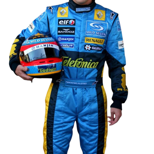 Fernando Alonso 2005 Renault F1 race suit in blue with yellow accents and sponsor logos