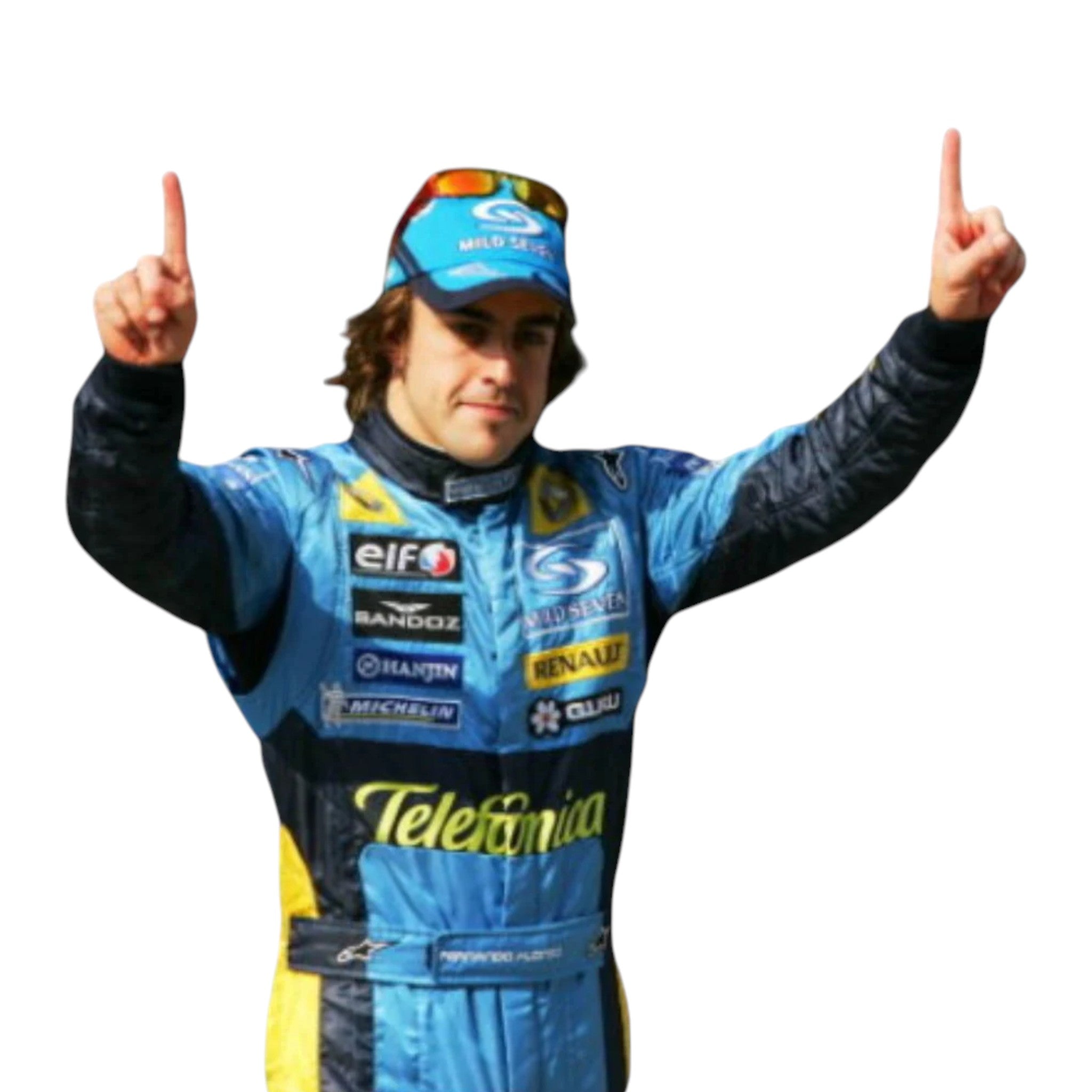 Fernando Alonso 2005 Renault F1 race suit in blue with yellow accents and sponsor logos