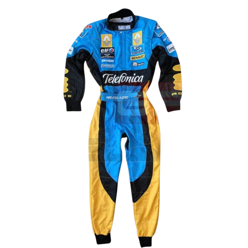 Fernando Alonso 2006 Renault F1 race suit in blue with yellow accents and sponsor logos