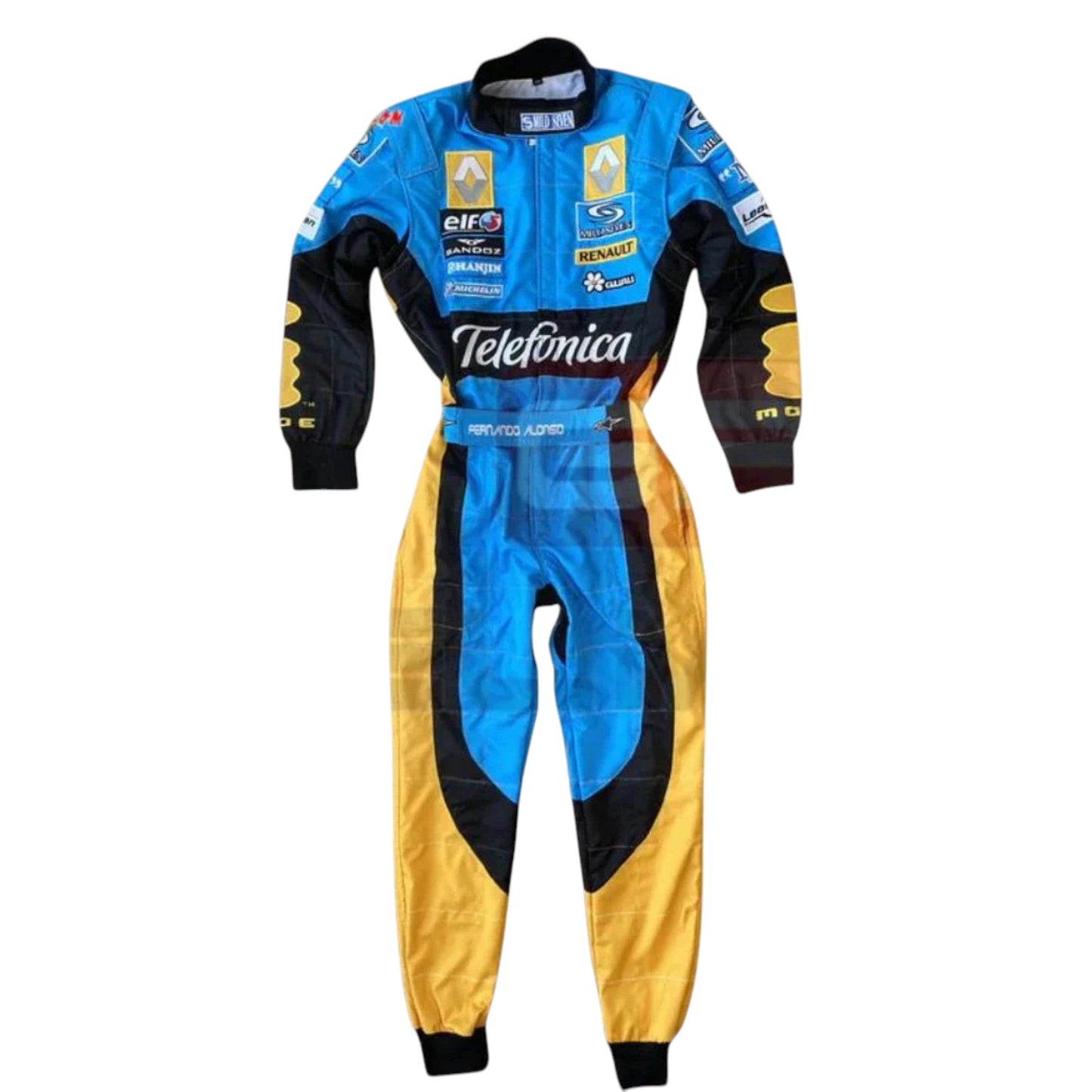 Fernando Alonso 2006 Renault F1 race suit in blue with yellow accents and sponsor logos