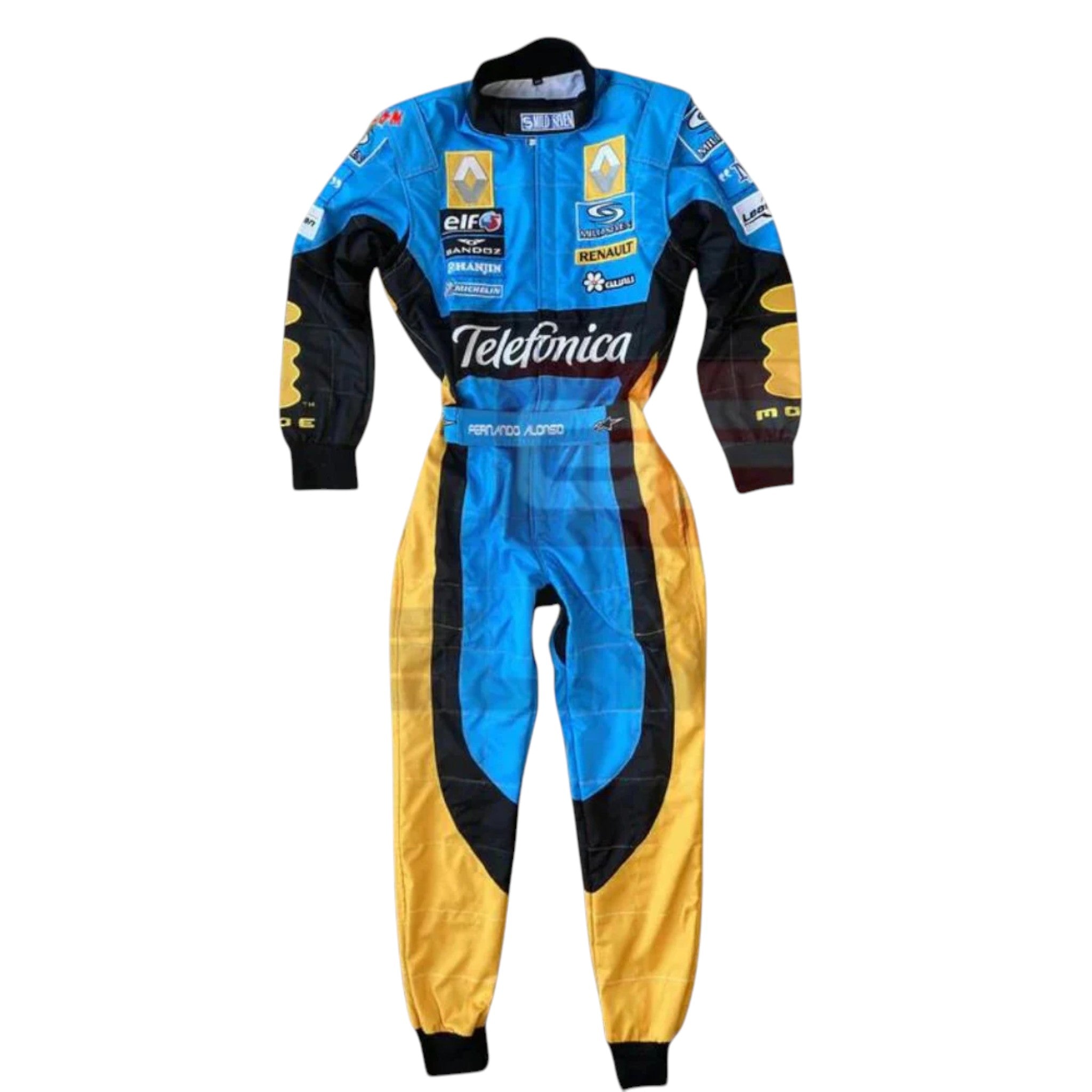 Fernando Alonso 2006 Renault F1 race suit in blue with yellow accents and sponsor logos