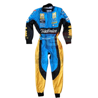 Fernando Alonso 2006 Renault F1 race suit in blue with yellow accents and sponsor logos