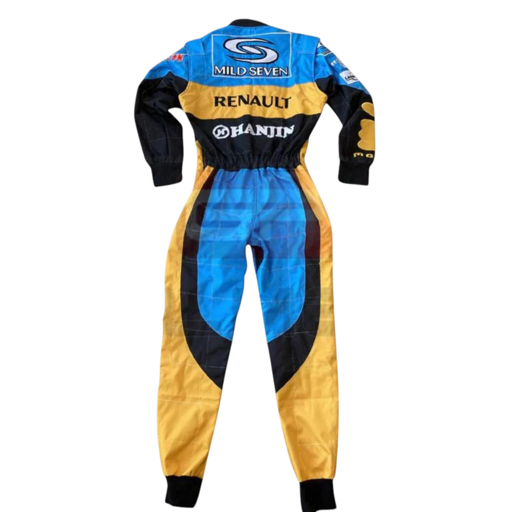 Fernando Alonso 2006 Renault F1 race suit in blue with yellow accents and sponsor logos