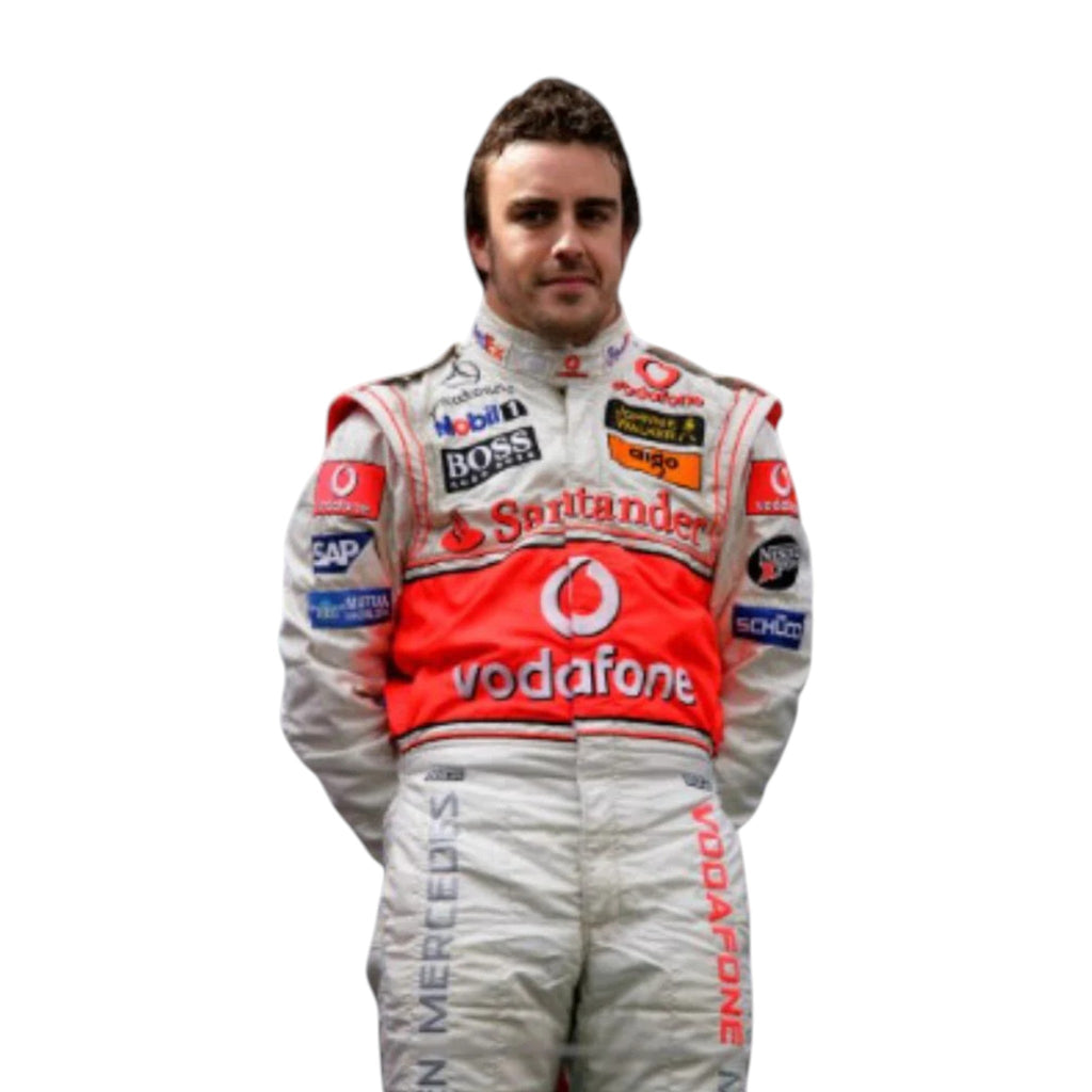 Fernando Alonso 2007 McLaren F1 race suit in white with red Vodafone panels and sponsor logos