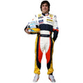 Fernando Alonso 2008 Renault F1 race suit in white with orange yellow and blue accents and ING Renault team design with sponsor logos