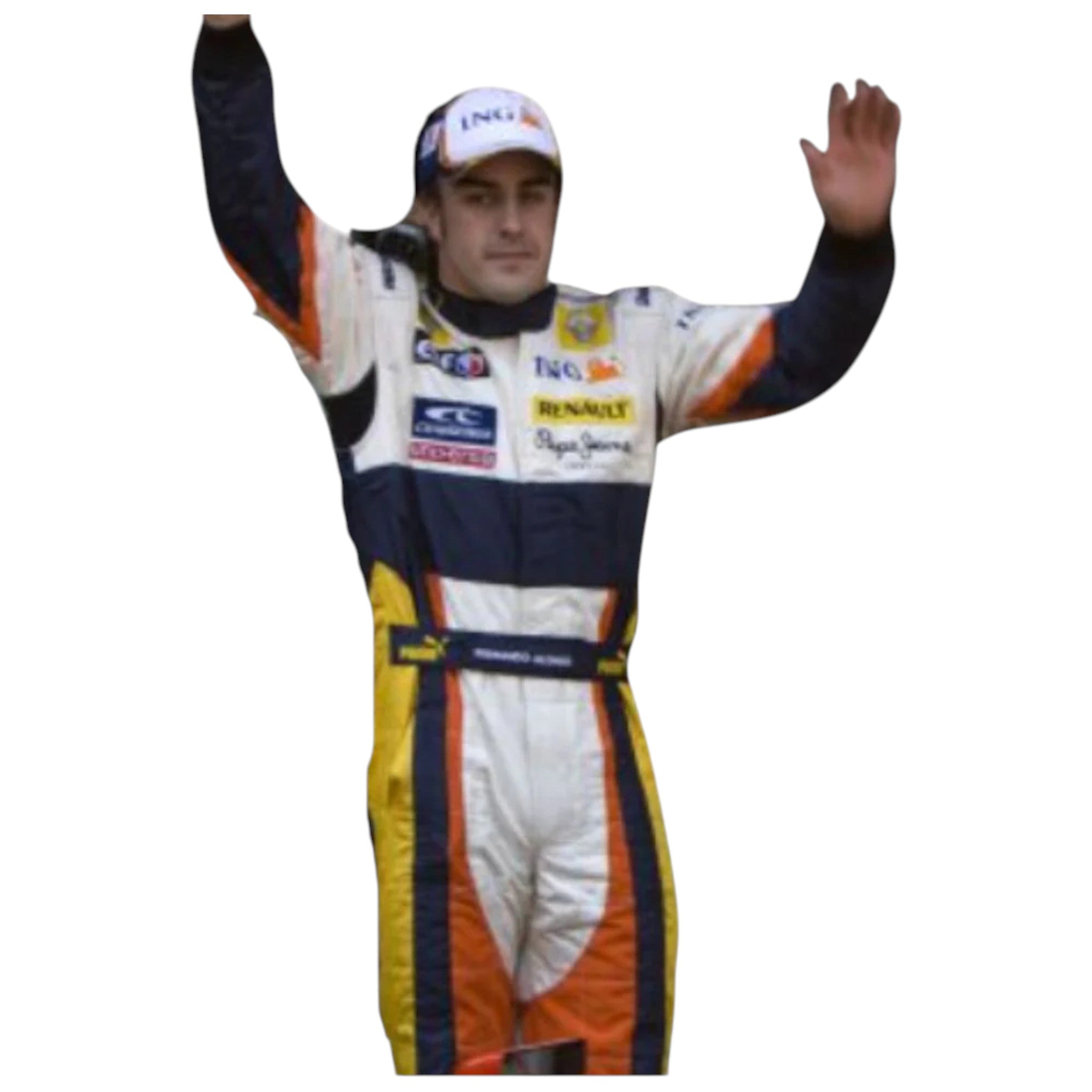 Fernando Alonso 2008 Renault F1 race suit in white with orange yellow and blue accents and ING Renault team design with sponsor logos