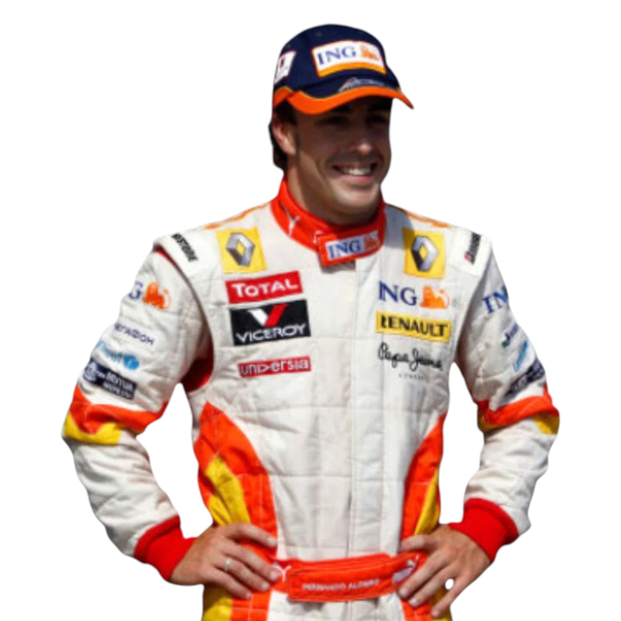 Fernando Alonso 2009 Renault F1 race suit in white with orange and yellow accents featuring ING sponsor logos