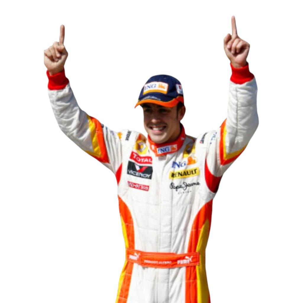 Fernando Alonso 2009 Renault F1 race suit in white with orange and yellow accents featuring ING sponsor logos