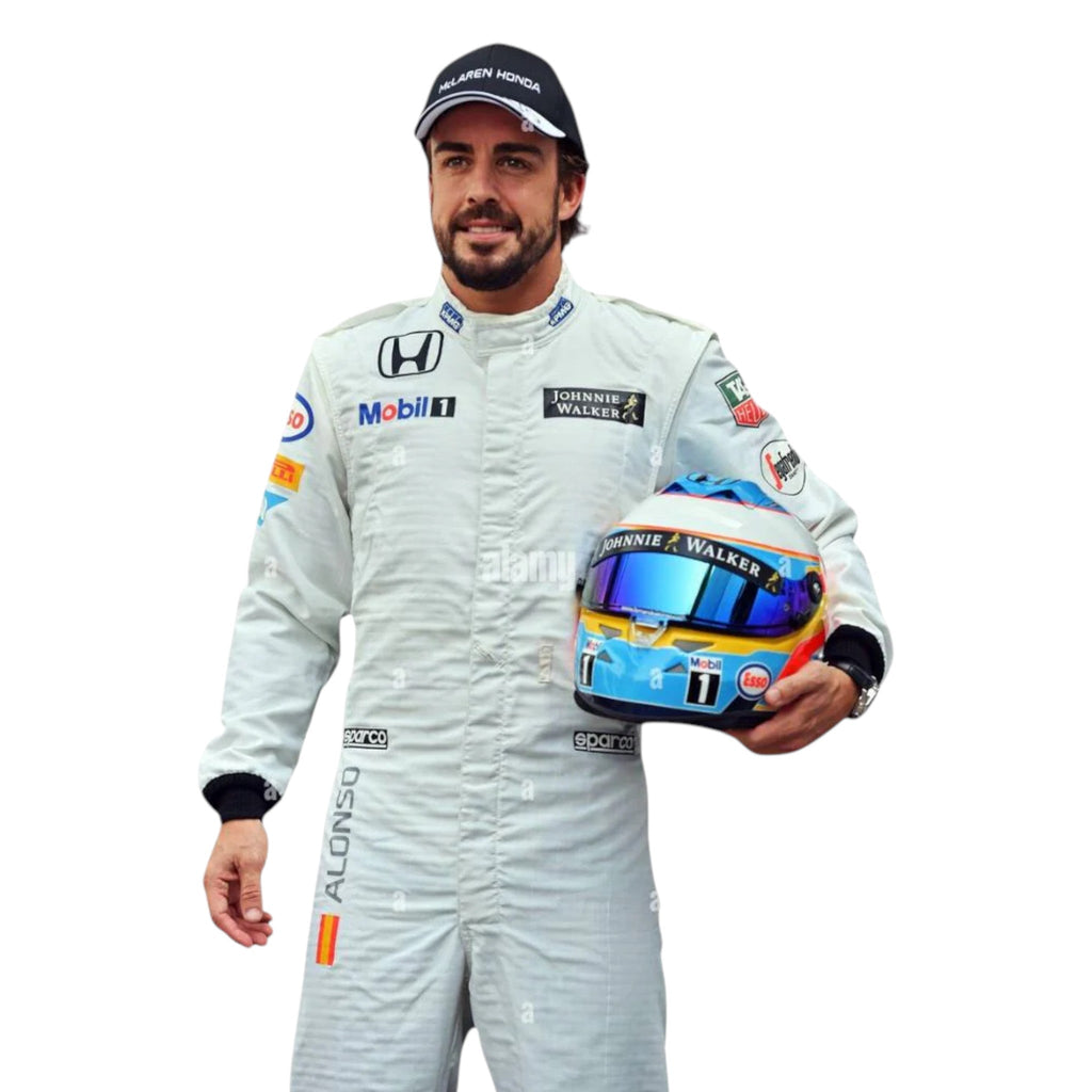 Fernando Alonso 2015 McLaren F1 race suit in white with black and red accents featuring sponsor logos