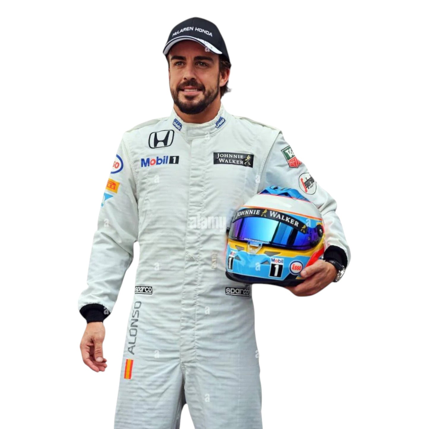 Fernando Alonso 2015 McLaren F1 race suit in white with black and red accents featuring sponsor logos