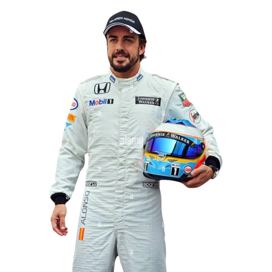 Fernando Alonso 2015 McLaren F1 race suit in white with black and red accents featuring sponsor logos