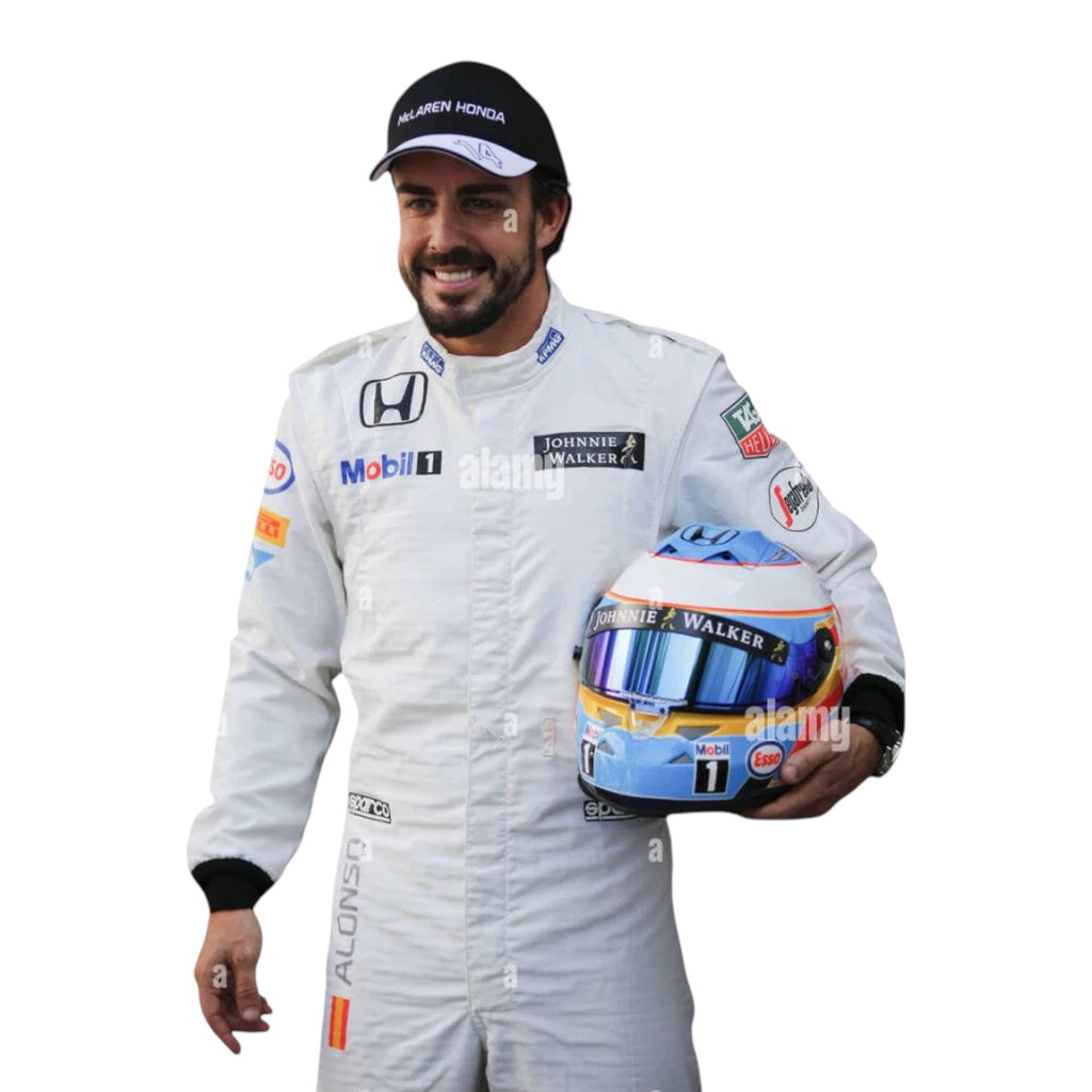 Fernando Alonso 2015 McLaren F1 race suit in white with black and red accents featuring sponsor logos