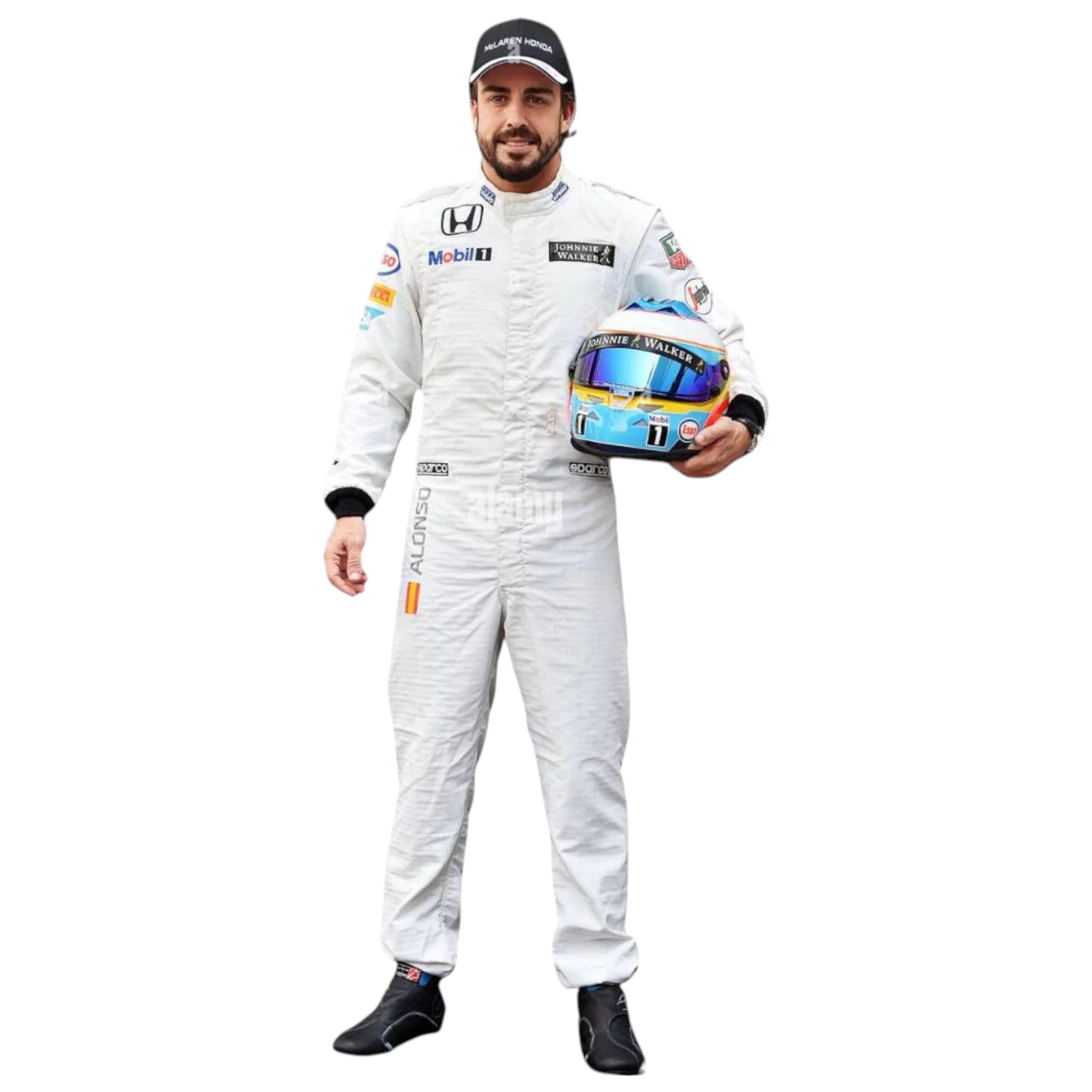 Fernando Alonso 2015 McLaren F1 race suit in white with black and red accents featuring sponsor logos