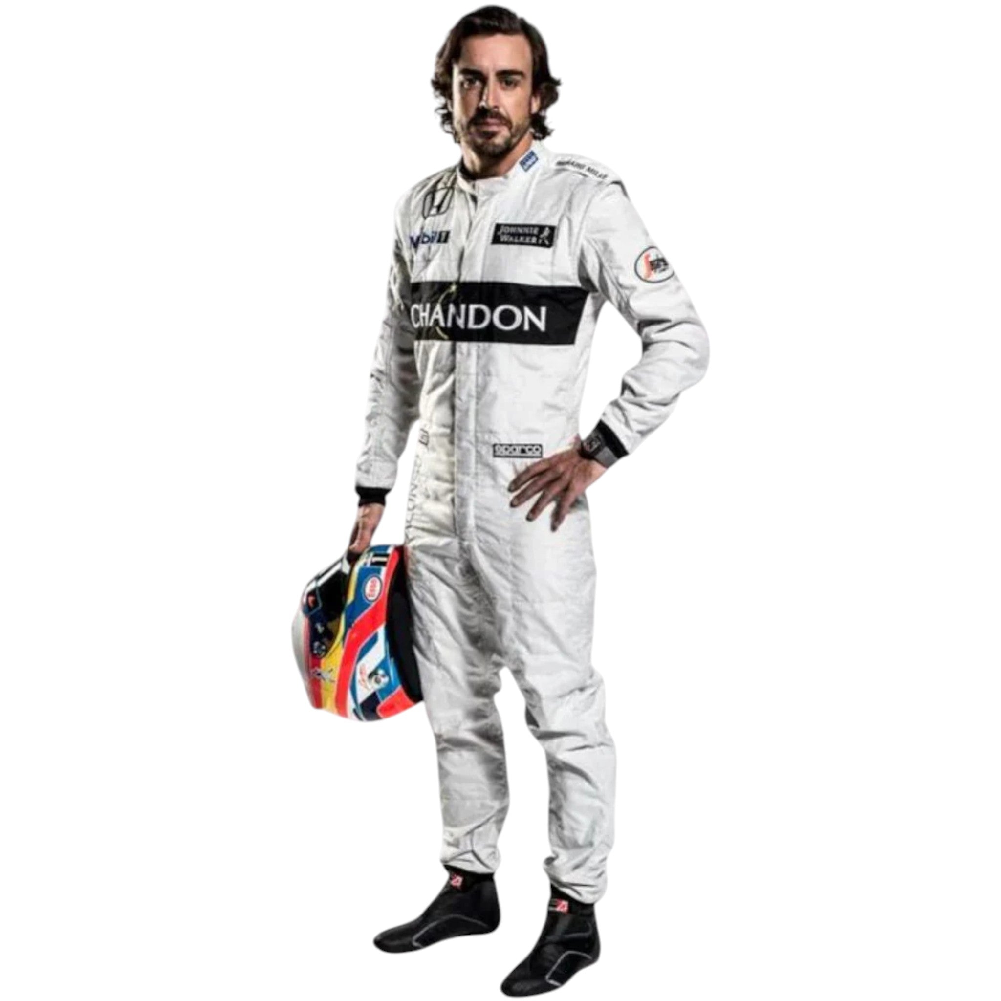 Fernando Alonso 2016 McLaren Honda F1 race suit in white with black CHANDON stripe and sponsor logos