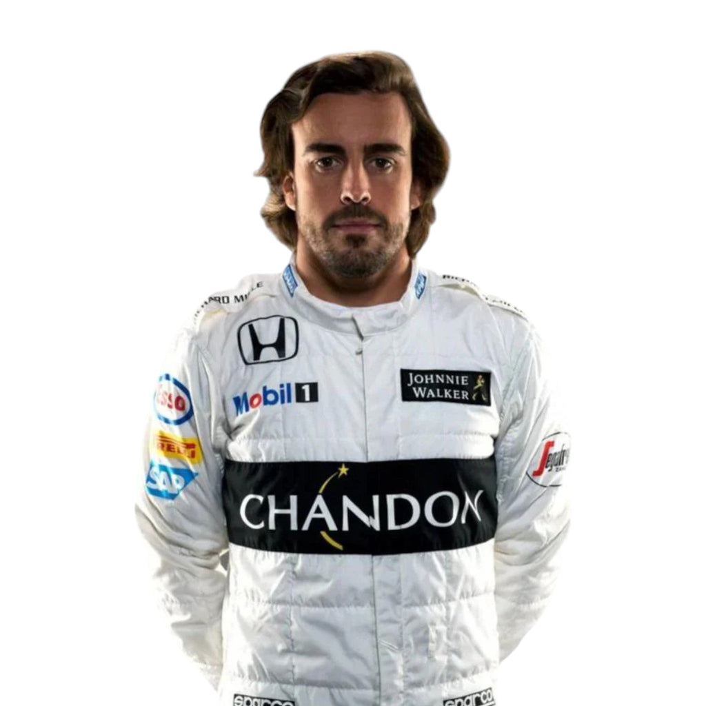 Fernando Alonso 2016 McLaren Honda F1 race suit in white with black CHANDON stripe and sponsor logos