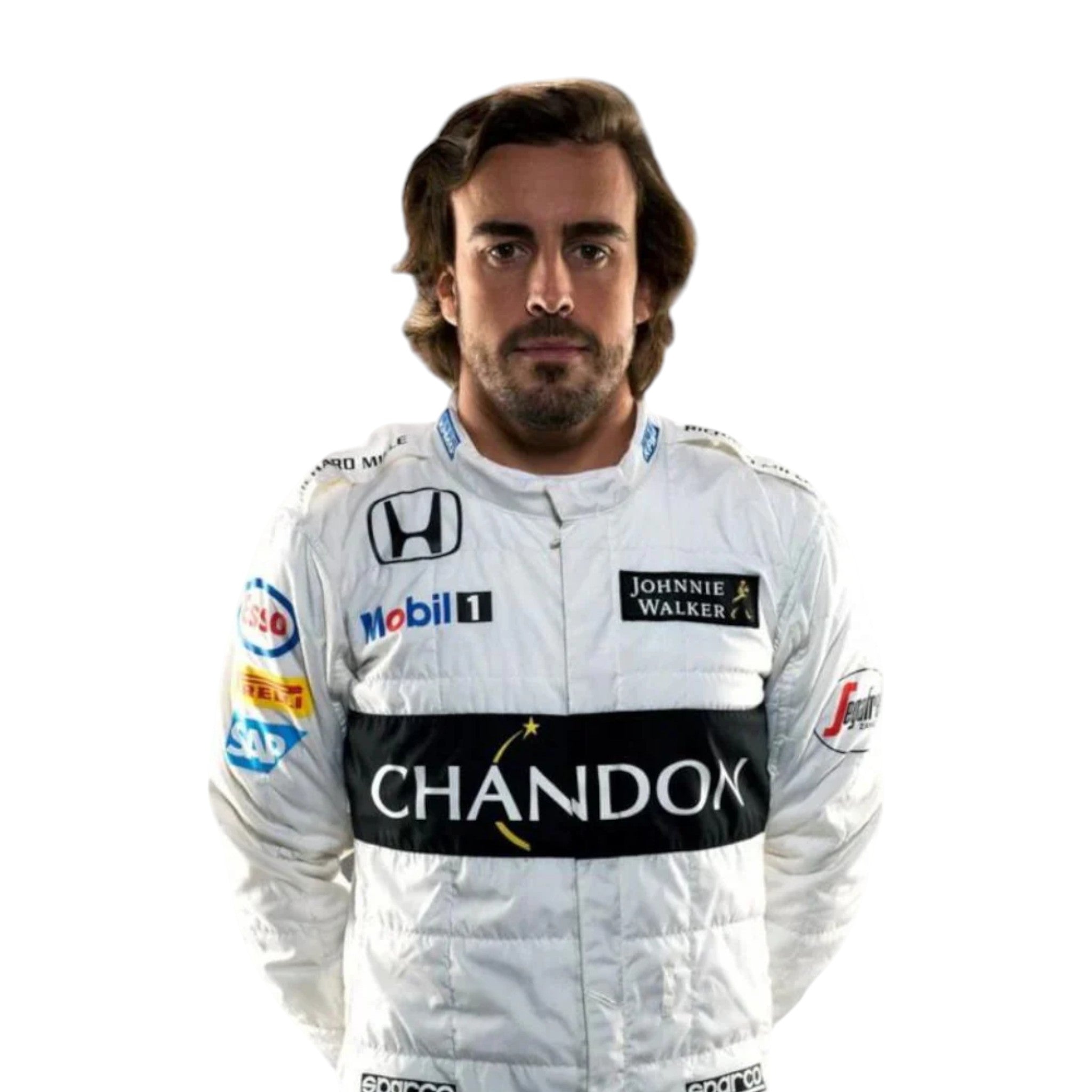 Fernando Alonso 2016 McLaren Honda F1 race suit in white with black CHANDON stripe and sponsor logos