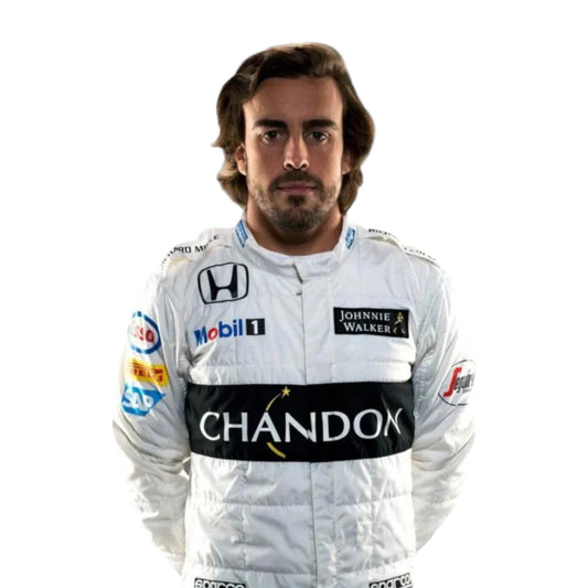 Fernando Alonso 2016 McLaren Honda F1 race suit in white with black CHANDON stripe and sponsor logos