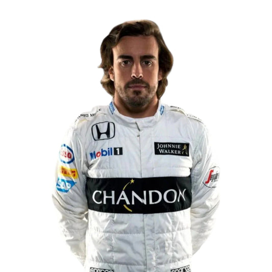 Fernando Alonso 2016 McLaren Honda F1 race suit in white with black CHANDON stripe and sponsor logos