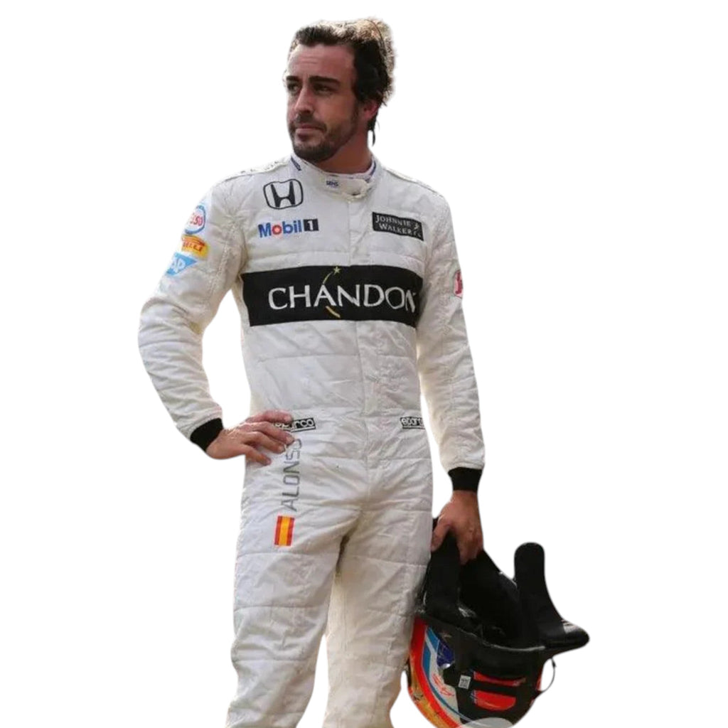 Fernando Alonso 2016 McLaren Honda F1 race suit in white with black CHANDON stripe and sponsor logos