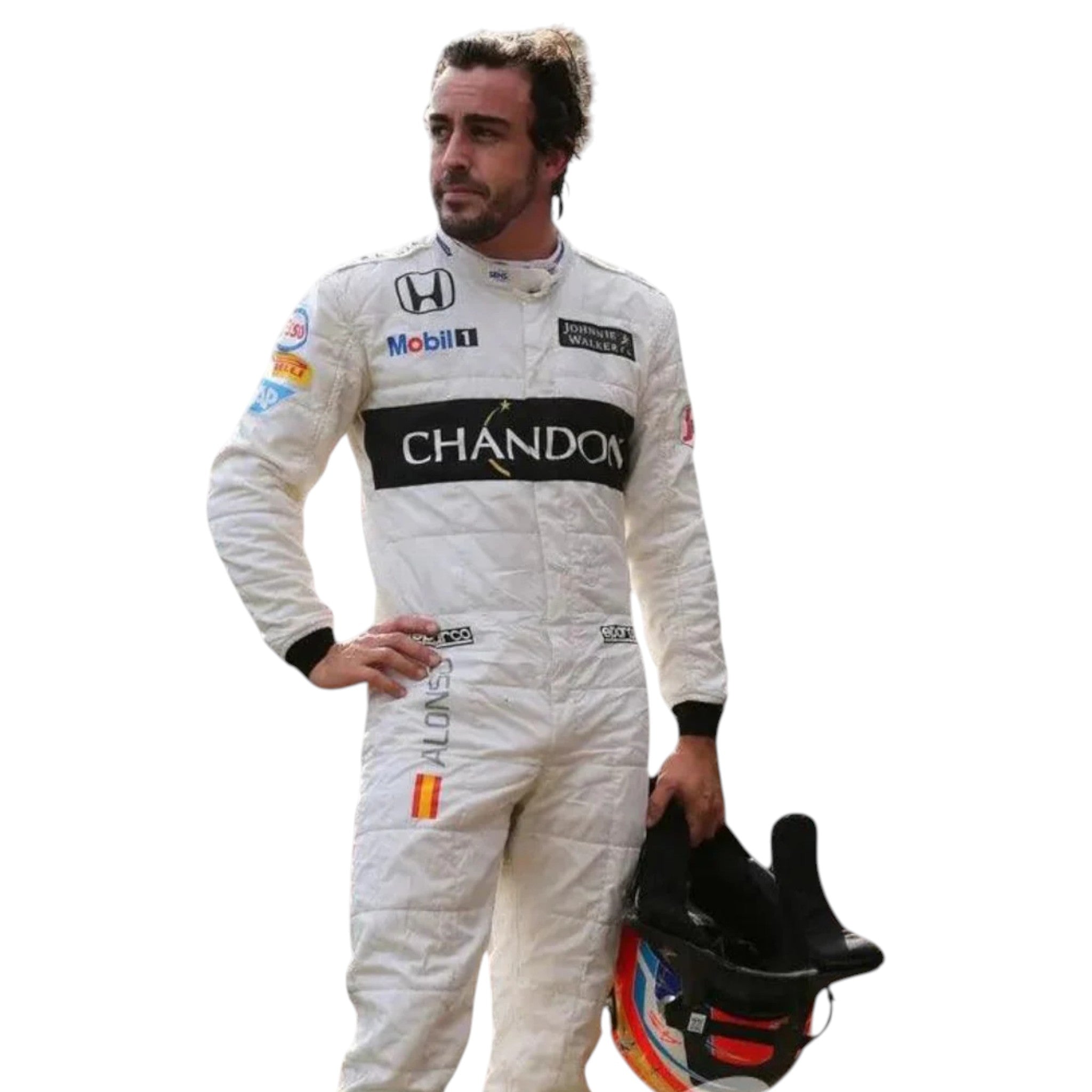 Fernando Alonso 2016 McLaren Honda F1 race suit in white with black CHANDON stripe and sponsor logos